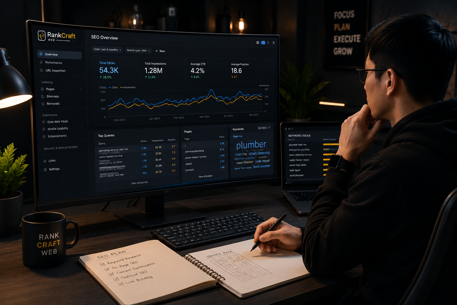 SEO specialist reviewing analytics dashboard, search performance graph, and keyword planning screen