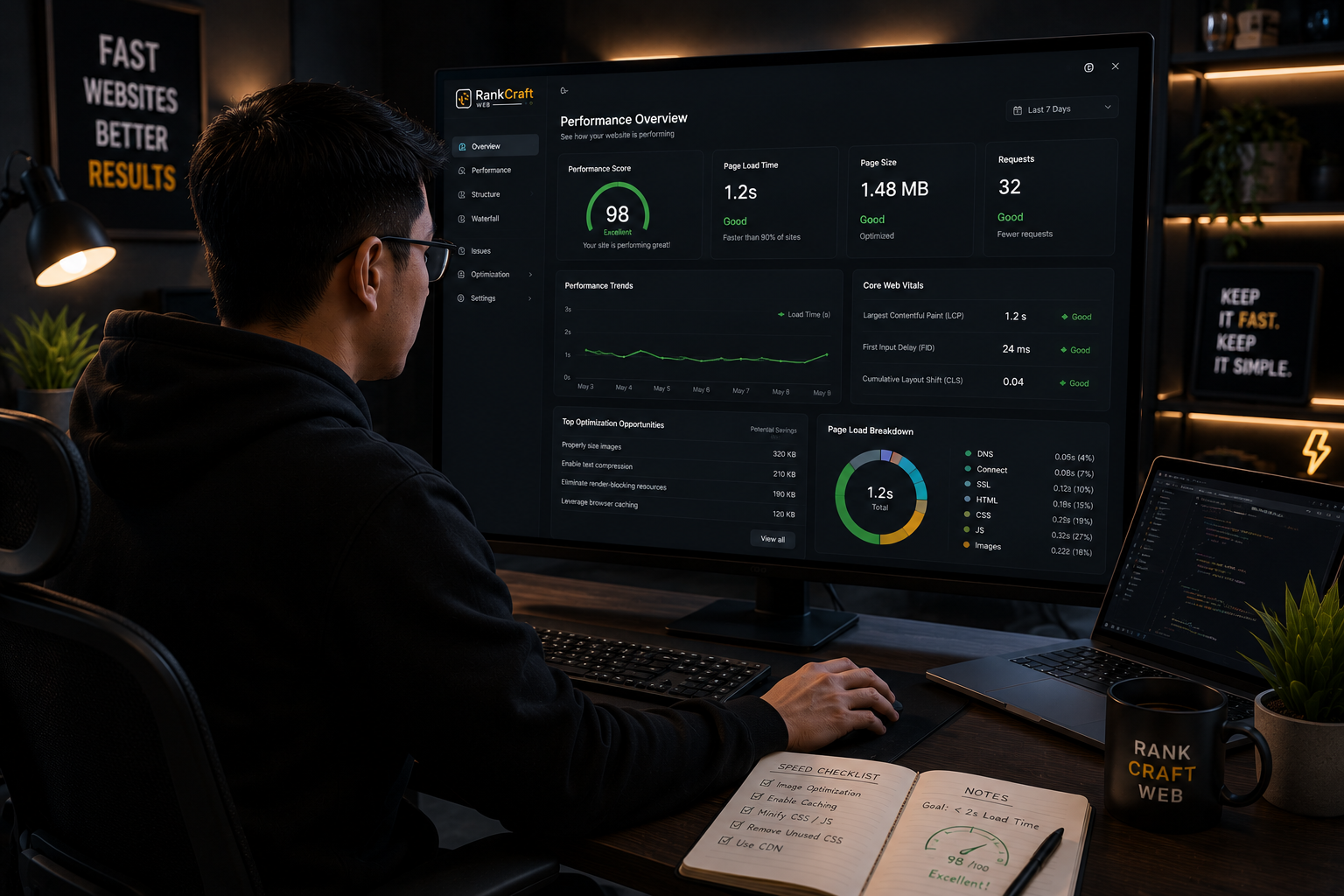 Developer reviewing website speed dashboard and performance score for faster page loading