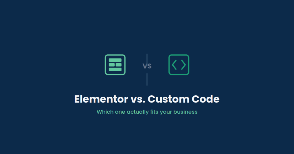 Elementor vs Custom Code comparison illustration showing a layout blocks icon versus a code brackets icon
