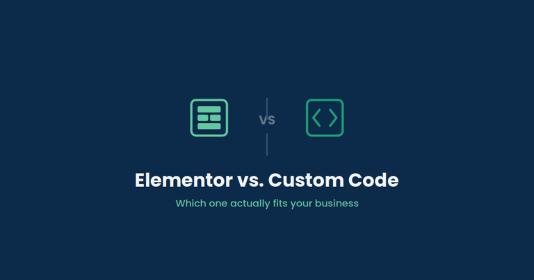 Elementor vs Custom Code comparison illustration showing a layout blocks icon versus a code brackets icon
