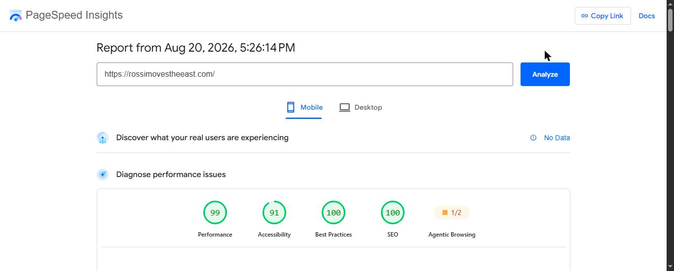 Google PageSpeed Insights mobile results for rossimovestheeast.com showing 99 performance, 91 accessibility, 100 best practices, 100 SEO