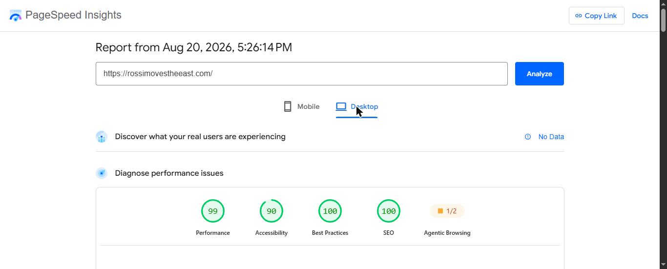 Google PageSpeed Insights desktop results for rossimovestheeast.com showing 99 performance, 90 accessibility, 100 best practices, 100 SEO