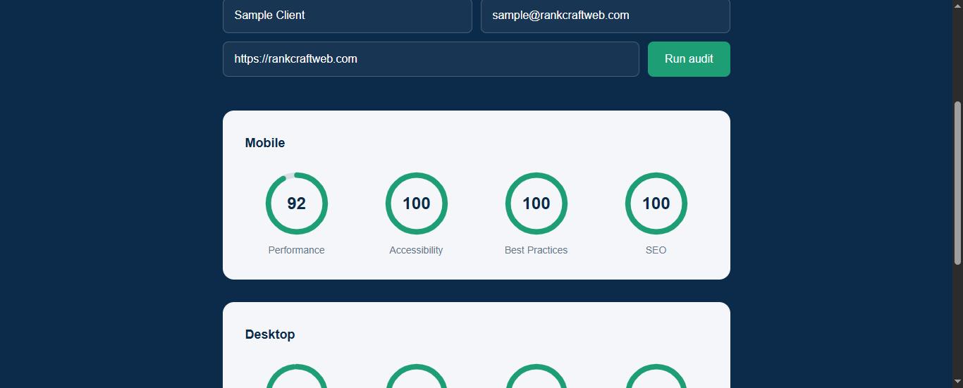 RankCraft Audit tool showing a completed website audit report with mobile and desktop PageSpeed scores