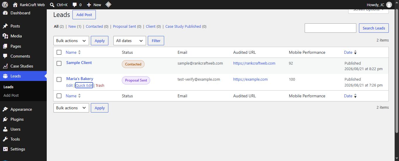 RankCraft Business System Leads dashboard in WordPress admin showing leads with status pipeline badges