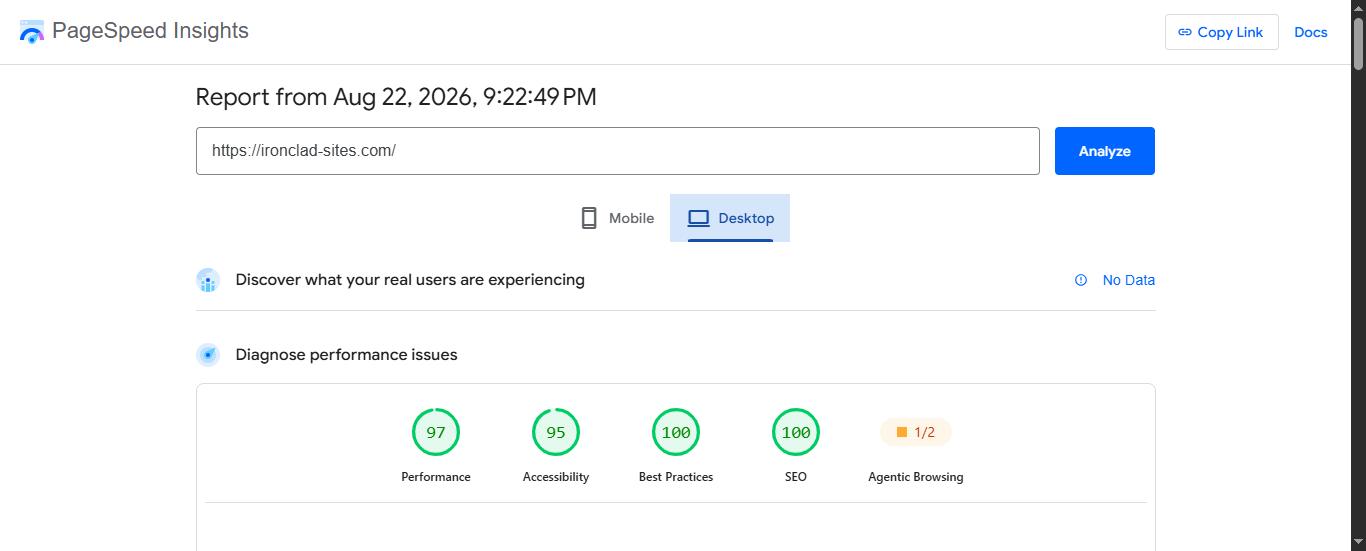 Google PageSpeed Insights desktop results for ironclad-sites.com showing 97 performance, 95 accessibility, 100 best practices, 100 SEO
