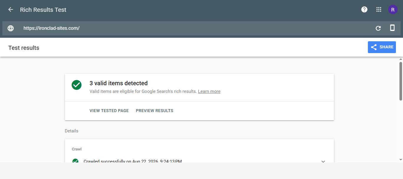 Google Rich Results Test showing 3 valid structured data items detected for ironclad-sites.com