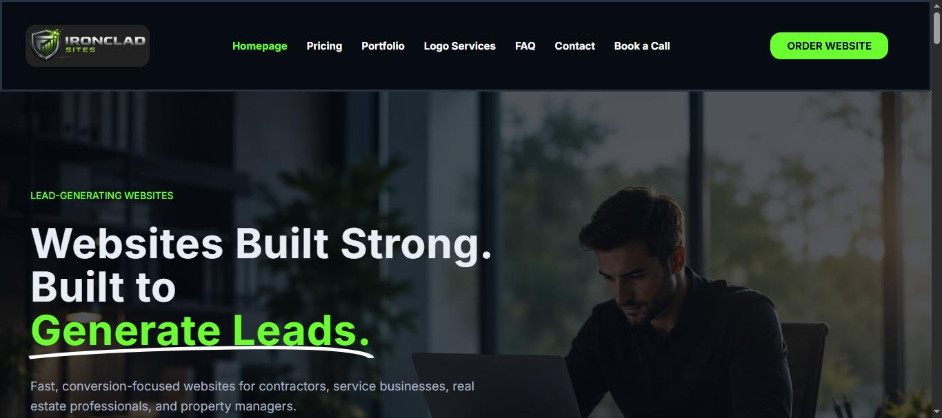 Ironclad Sites homepage hero section showing lead-generating website messaging for contractors