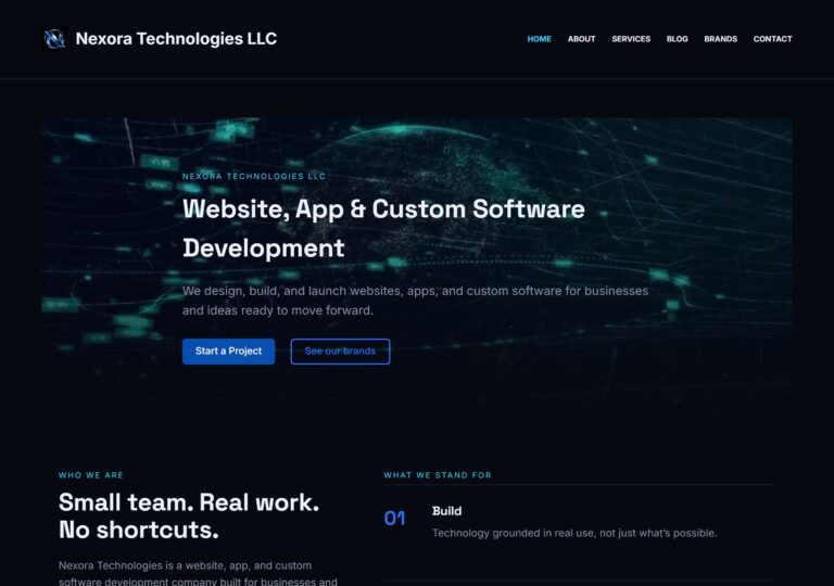 Nexora Technologies homepage, dark hero with the headline Website, App and Custom Software Development