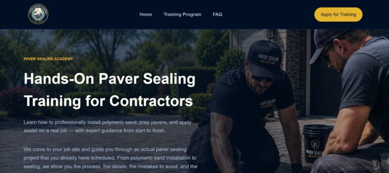 Paver Sealing Academy homepage hero section showing two contractors sealing a paver driveway and the hands-on training headline